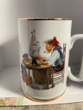 Vintage Norman Rockwell White Porcelain Nautical Scene Mug with Gold Trim